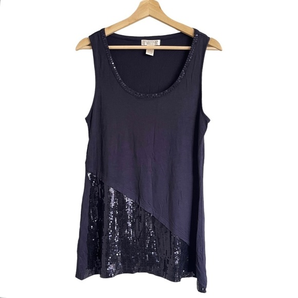 Kenar Navy Blue Geometric‎ Sequin Pattern Scoop Neck Sleeveless Long Tank Top - Picture 1 of 5